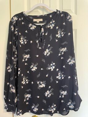 LOFT Navy Floral Keyhole Long-Sleeve Blouse